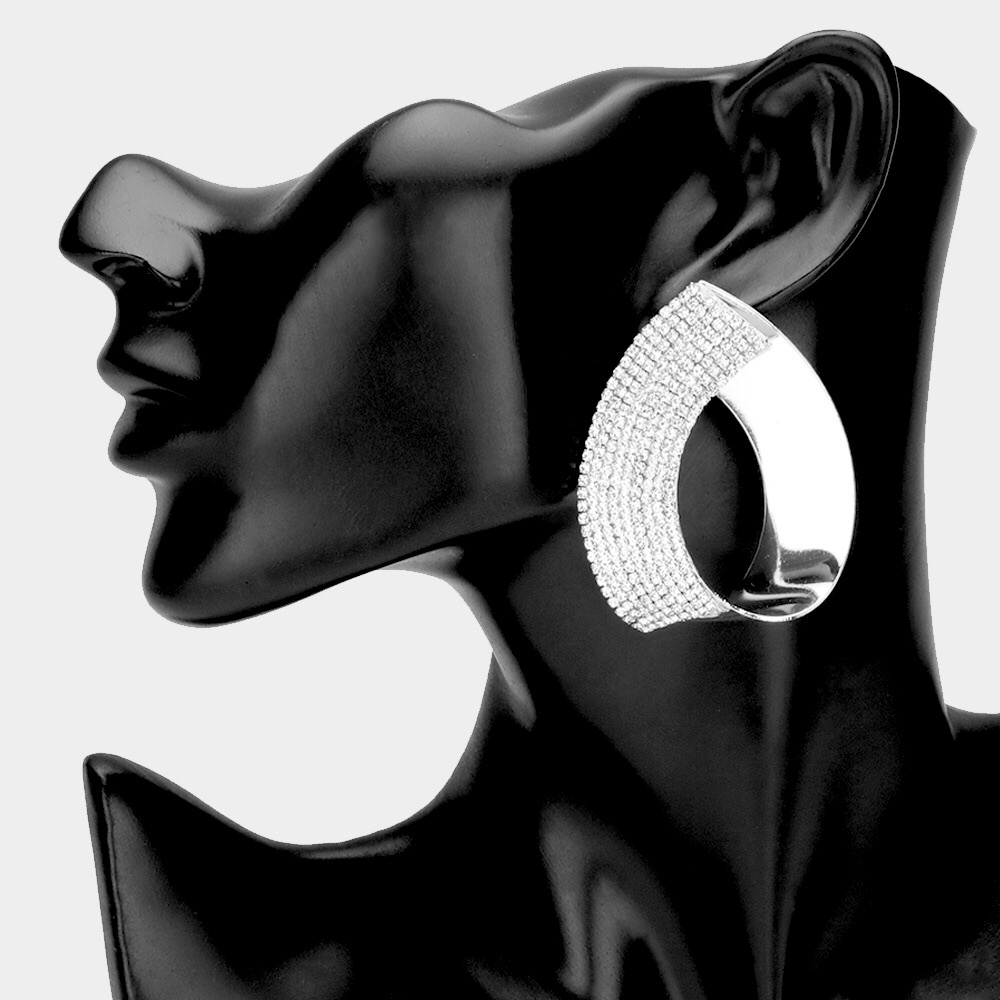 Silver Half Rhinestone Paved Metal Statement Earrings